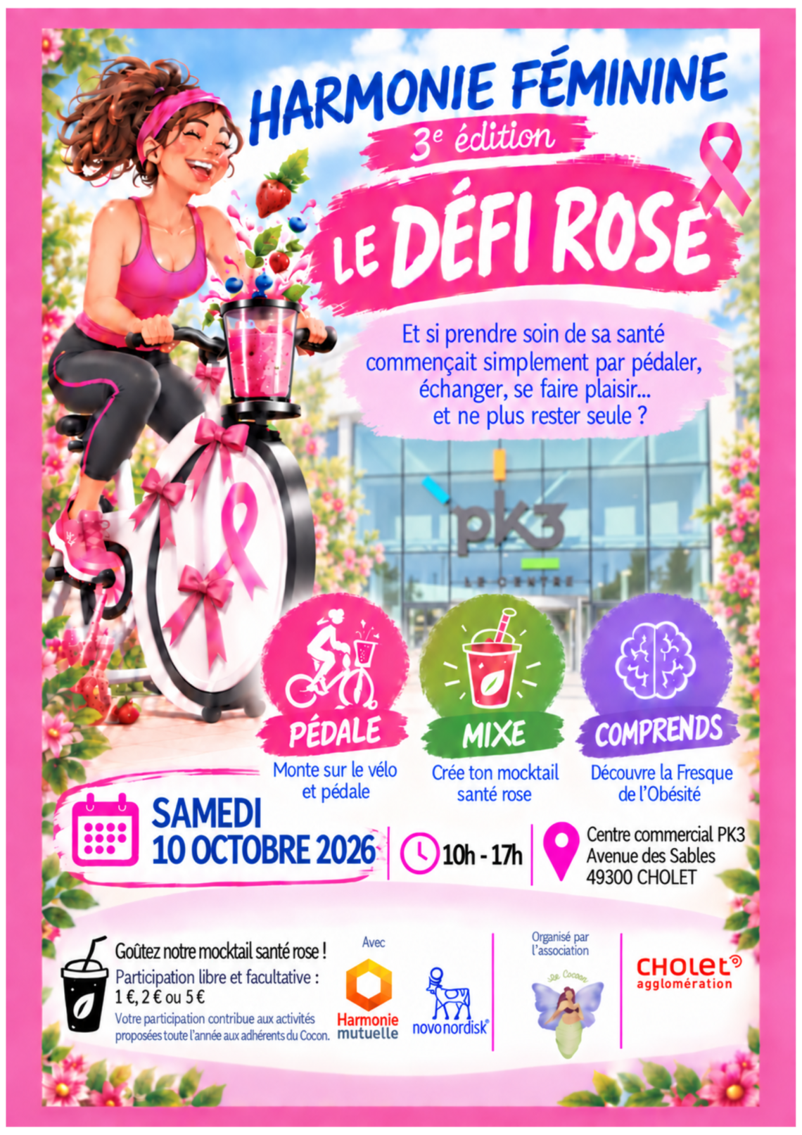 Dans le champ « Texte alternatif », tu peux écrire : « Affiche Octobre Rose : Harmonie Féminine – Le Défi Rose, organisé par Le Cocon le samedi 10 octobre 2026, de 10 h à 17 h, à la galerie commerciale PK3 à Cholet. Objectif : 200 personnes pédalant pour un mocktail.