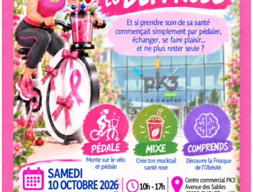 Dans le champ « Texte alternatif », tu peux écrire : « Affiche Octobre Rose : Harmonie Féminine – Le Défi Rose, organisé par Le Cocon le samedi 10 octobre 2026, de 10 h à 17 h, à la galerie commerciale PK3 à Cholet. Objectif : 200 personnes pédalant pour un mocktail.